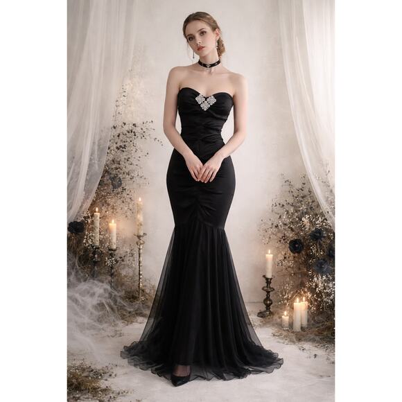 Cache Dresses & Skirts - Vintage 90s Y2K Cache Strapless Mermaid Gown Black Ruched Sz 2 Dress Fairy Goth